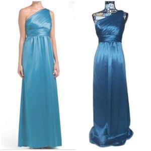 AMSALE Long Bridesmaid Dress One Shoulder Maxi Satin Charmeuse Turquoise Blue 4